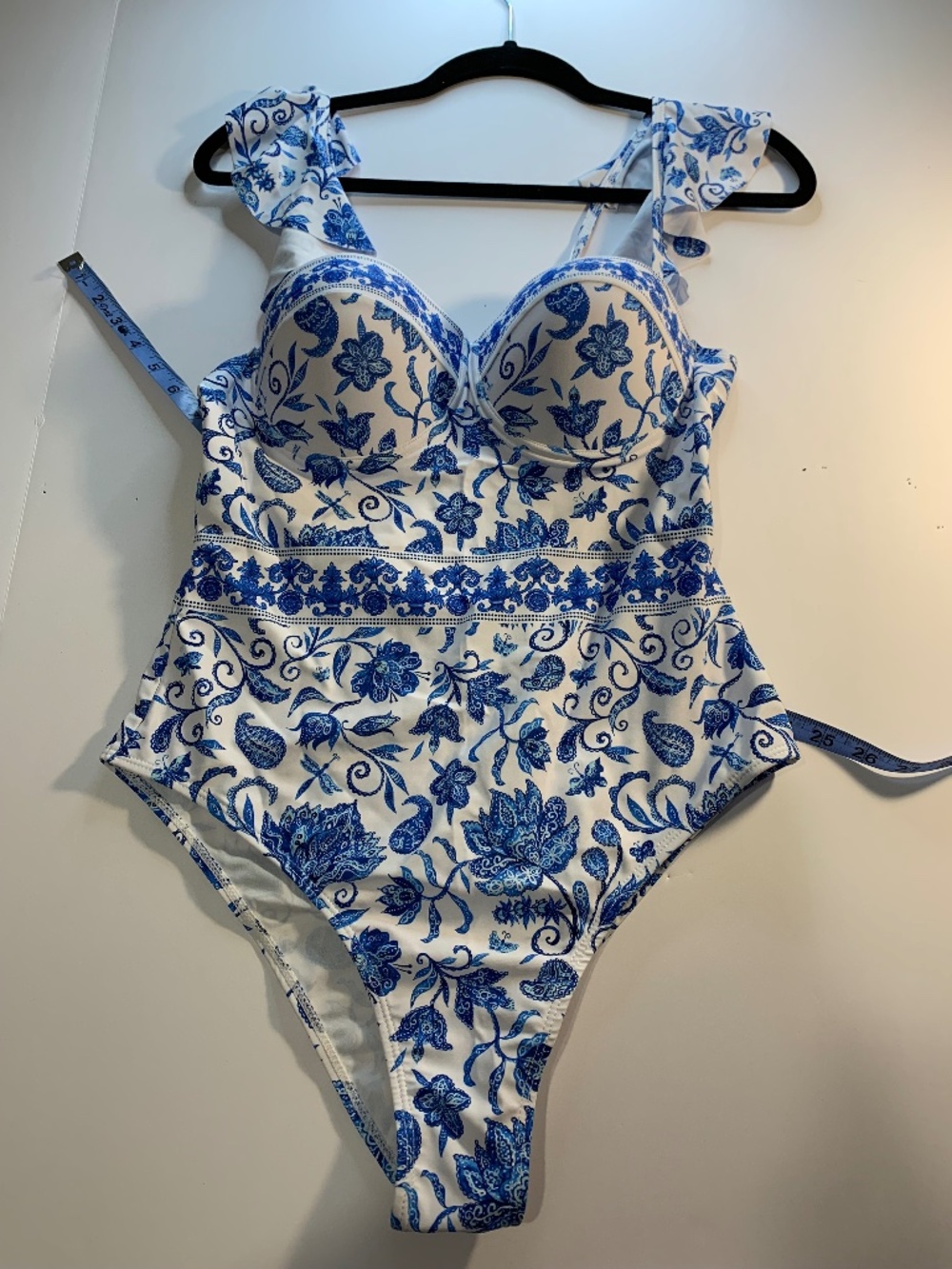 Blue Floral One-Piece Swimsuit with Ruffled Straps